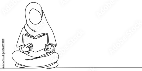 Muslim Woman Reciting Quran Continuous Line Drawing Minimalist Design Religion Concept