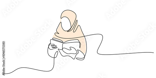 Muslim Woman Reciting Quran Continuous Line Drawing Minimalist Design Religion Concept