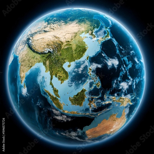 High-Resolution Image of Earth from Space Showing South East Asia and the Pacific Ocean on dark background 