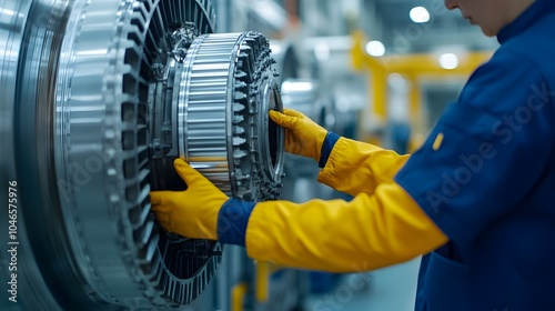 Skilled mechanic carefully attaching and securing a new engine mount to the intricate mechanical joints and fasteners of a jet aircraft component