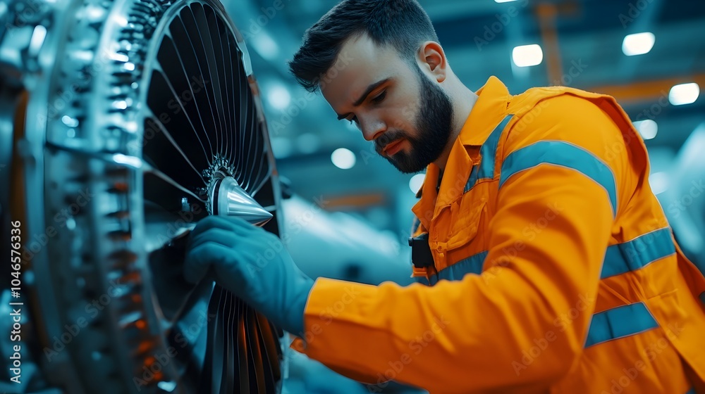 Skilled mechanic carefully and precisely aligning essential engine components inside the complex system of a high performance jet aircraft during maintenance or repair work Skilled mechanic carefully and precisely aligning essential engine components inside the complex system of a high performance jet aircraft during maintenance or repair work