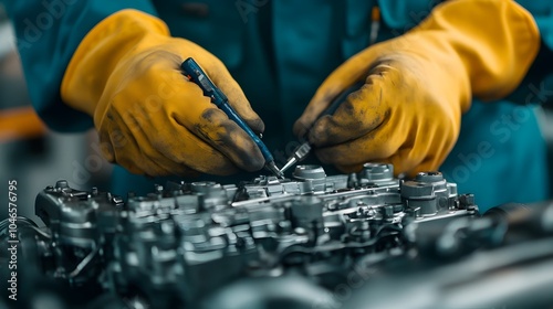 Close up view of a skilled mechanic carefully replacing a fuel injector in the intricate components of a jet engine