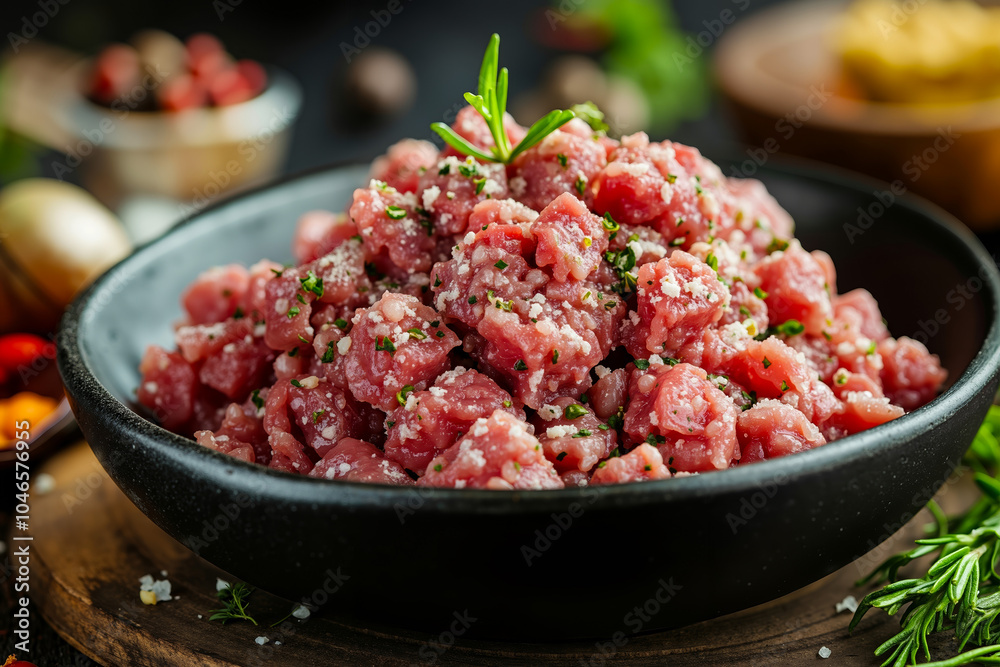A bowl of raw meat with herbs and spices on a wooden board A bowl of raw meat with herbs and spices on a wooden board