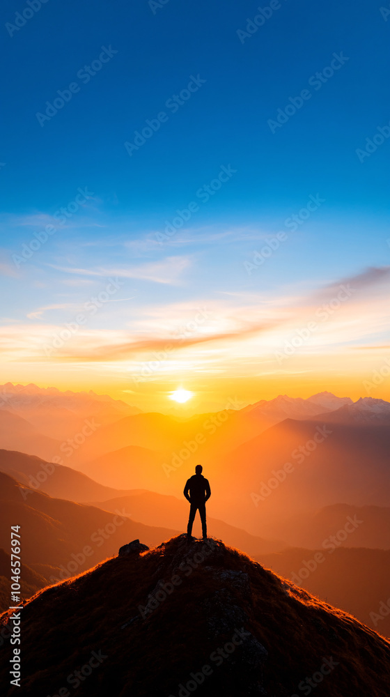 A stunning view of a lone figure standing on a mountain peak gazing at a vibrant sunrise. The scene captures the serenity and grandeur of nature inviting viewers to explore the great outdoors A stunning view of a lone figure standing on a mountain peak gazing at a vibrant sunrise. The scene captures the serenity and grandeur of nature inviting viewers to explore the great outdoors