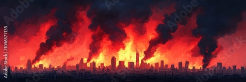 Cityscape engulfed in flames, a dramatic depiction of urban disaster and chaos.