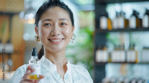 A woman is holding a bottle of perfume and smiling