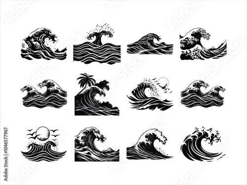 Wave Silhouette Collection | Ocean Wave Clipart | Black and White Nautical Art