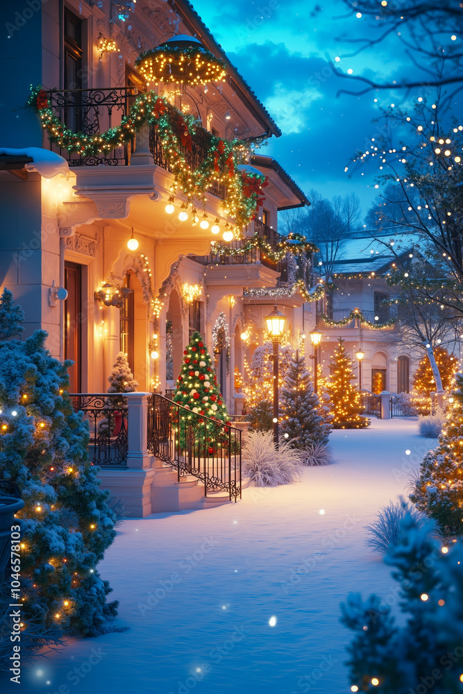 Fototapeta premium A house decorated for Christmas with lights and decorations
