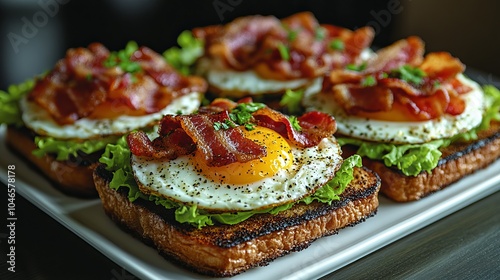 A mouthwatering plate of breakfast toasts, each topped with a sunny-side-up egg and crispy bacon on a bed of fresh lettuce, perfect for a hearty meal.