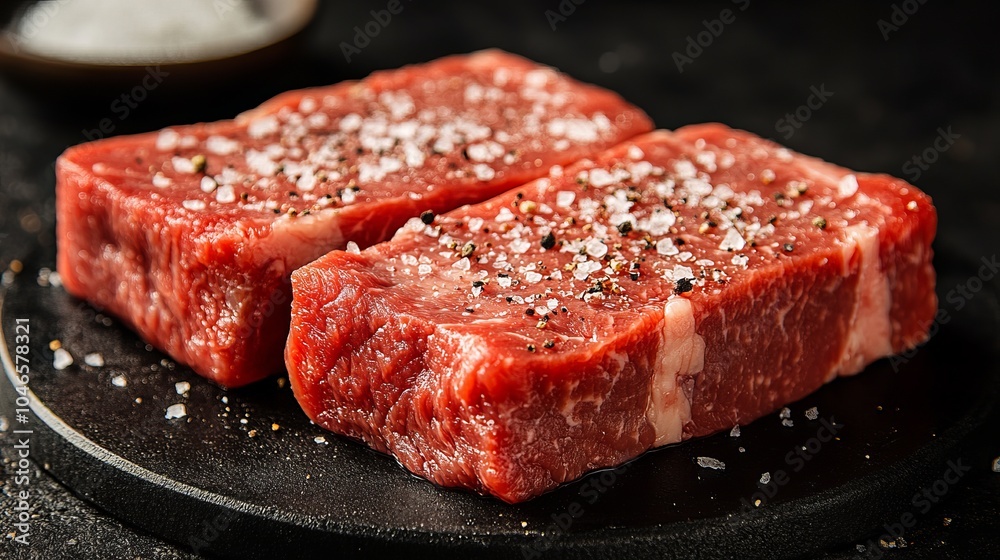 Two raw seasoned steaks are positioned on a dark surface, generously topped with coarse salt and freshly ground pepper, ready for cooking in a delicious style. Two raw seasoned steaks are positioned on a dark surface, generously topped with coarse salt and freshly ground pepper, ready for cooking in a delicious style.