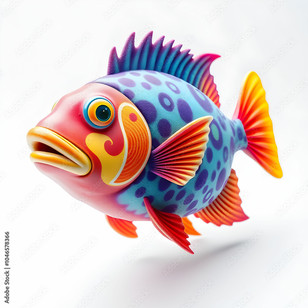 View of 3d colorful fish. 3d render of a vibrant tropical fish isolated on a white background, side view View of 3d colorful fish. 3d render of a vibrant tropical fish isolated on a white background, side view