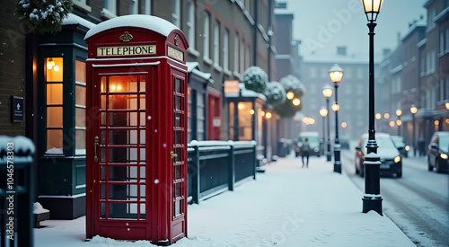 A red telephone booth is in the snow on a street