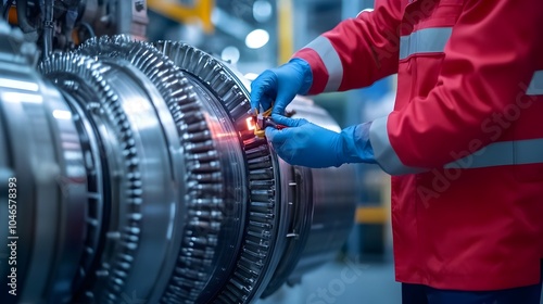 Close up view of a skilled technician using a borescope tool to inspect the internal components of a jet engine photo