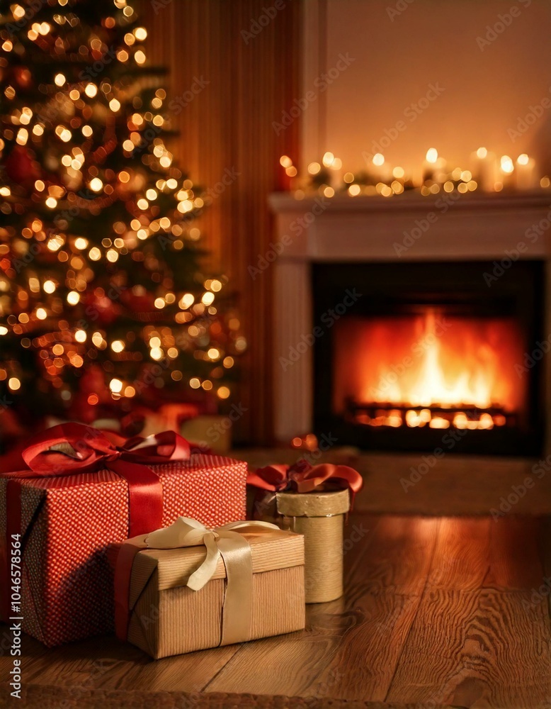 A cozy room featuring a beautifully decorated Christmas tree with gifts beside a warm fireplace, Gif box Mockup. A cozy room featuring a beautifully decorated Christmas tree with gifts beside a warm fireplace, Gif box Mockup.