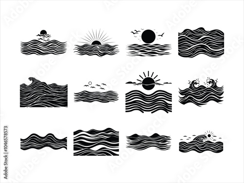 Wave Silhouette Collection | Ocean Wave Clipart | Black and White Nautical Art