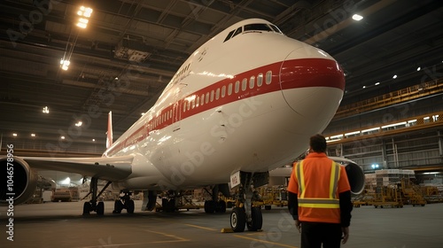 Aviation Technician Working Late in a Hangar Adjusting Parts on a Large Passenger Plane with Various Tools and Equipment