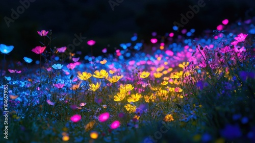 Mesmerizing Neon Lit Wildflower Meadow in the Dark Night