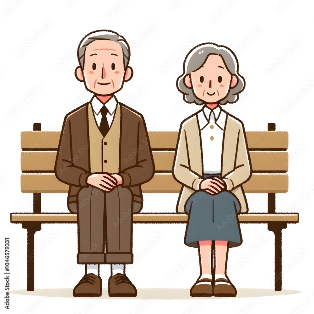 중년부부,부부,미소,벤치,의자,만화,삽화,그림 중년부부,부부,미소,벤치,의자,만화,삽화,그림