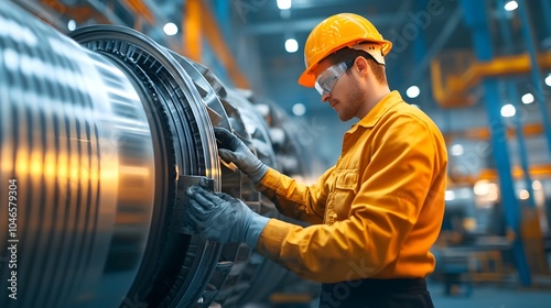 Aviation mechanic carefully repairing a damaged turbine blade in a well lit organized industrial workshop