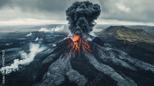 Dramatic volcanic eruption with ash clouds, lava flows, and threats to people and air travel photo