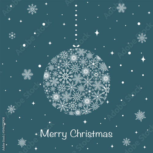 Festive Christmas card with a Christmas tree ball made of snowflakes. Merry Christmas and Happy New Year. Vector 