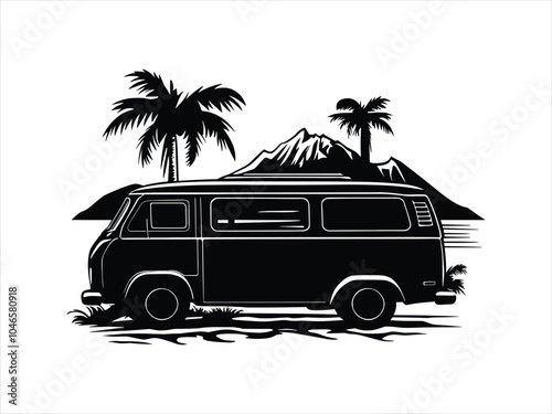 Vintage Camper Van Adventure Silhouettes - Palm Trees & Mountain Travel Design