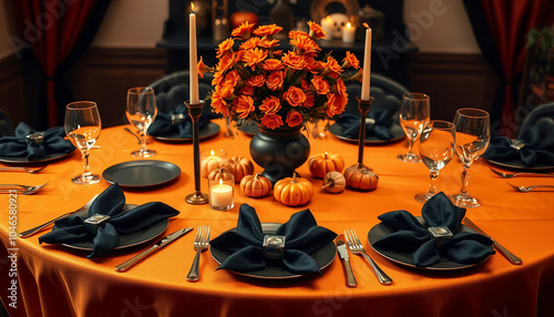 A beautifully set Thanksgiving dinner table with autumn-themed decor, including pumpkins, flowers, and candles. The table exudes warmth and elegance, perfect for a festive holiday celebration.

