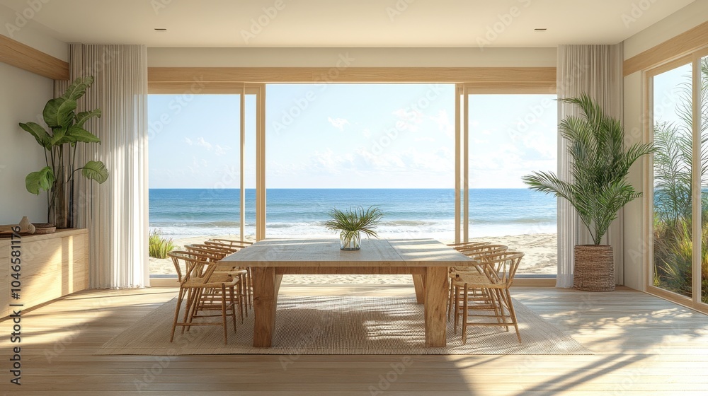 Fototapeta premium Coastal dining room with an empty table runner.