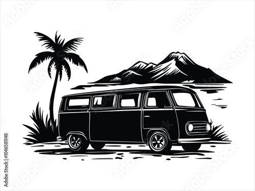 Vintage Camper Van Adventure Silhouettes - Palm Trees & Mountain Travel Design