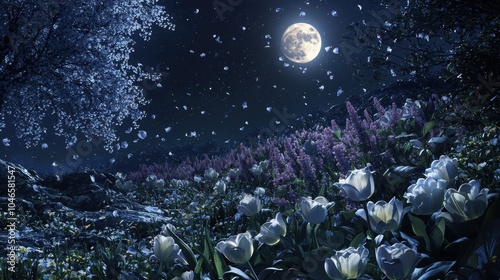 Magical Lunar Petal Garden Bathed in Enchanting Moonlight