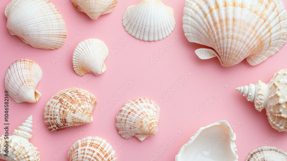 Photo of, Pink background with minimalist geometric seashell motifs for design, banner template Photo of, Pink background with minimalist geometric seashell motifs for design, banner template