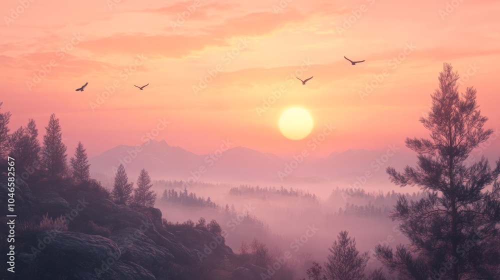 Fototapeta premium Misty sunrise over a serene landscape with birds soaring in the early morning sky