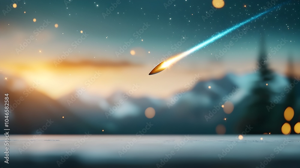 Naklejka premium Breathtaking comet with a brilliant blue tail soars over a majestic snowy mountain range under a clear and mystical night sky creating a serene and celestial scene with copy space for text