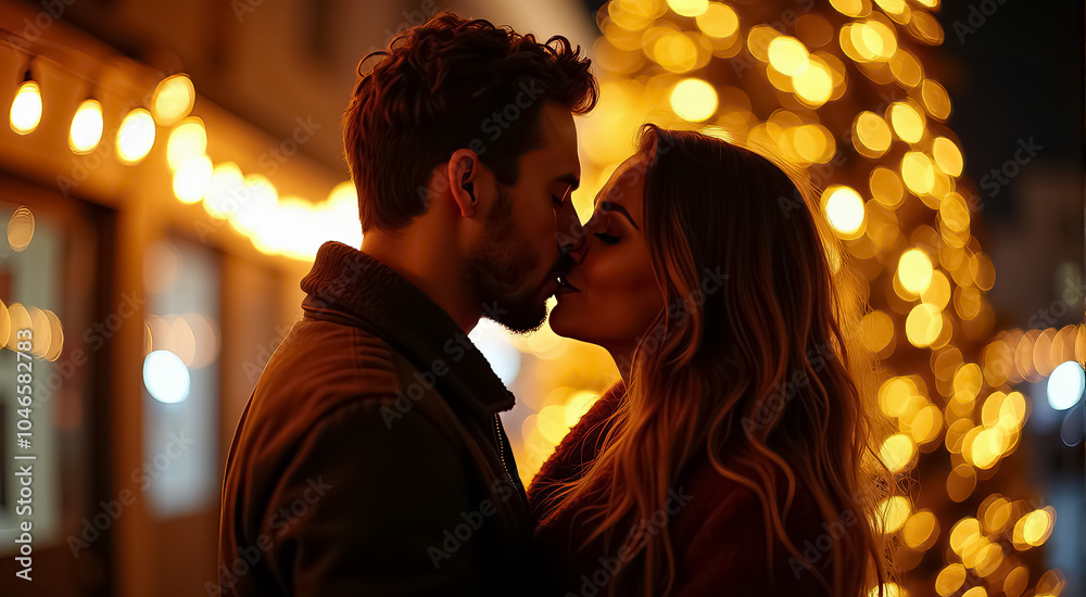 A couple kissing in the dark with a Christmas tree in the background A couple kissing in the dark with a Christmas tree in the background