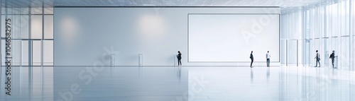 An AI-driven art installation displayed in a modern gallery, with viewers engaging with the artwork. The minimalist design leaves ample copy space for text.