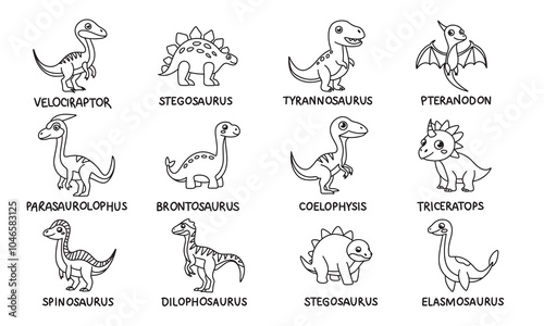 Big collection of cute Dinosaurs with name in doodle style. Hand drawn vector art.