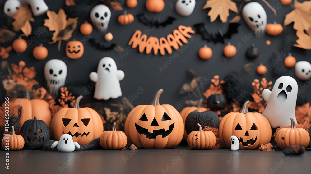 Halloween-themed arrangement with jack-o'-lanterns, ghost decorations, bats, and autumn leaves against a dark background. Halloween-themed arrangement with jack-o'-lanterns, ghost decorations, bats, and autumn leaves against a dark background.