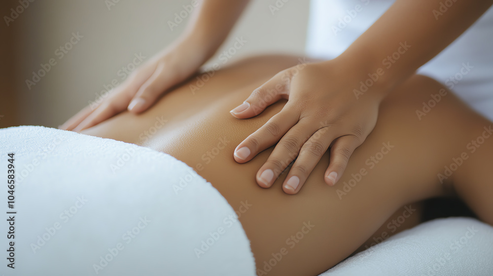 A close-up of hands performing a soothing massage on a person's back, promoting relaxation and wellness in a tranquil setting. A close-up of hands performing a soothing massage on a person's back, promoting relaxation and wellness in a tranquil setting.