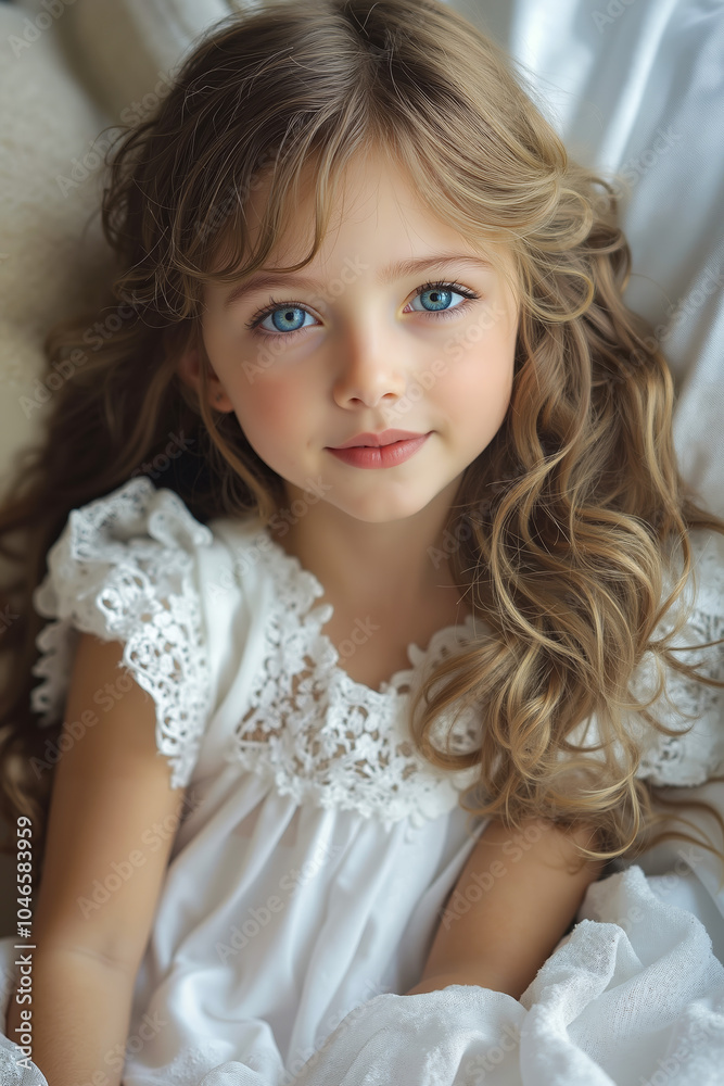A little girl with long curly hair and blue eyes laying on a bed A little girl with long curly hair and blue eyes laying on a bed