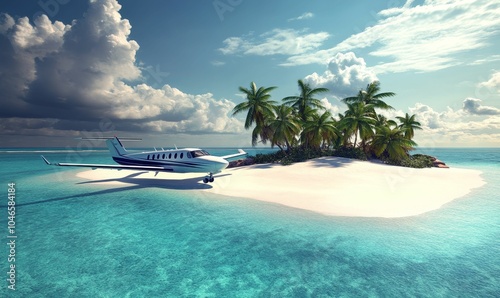 Private plane landed on tropical island beach.