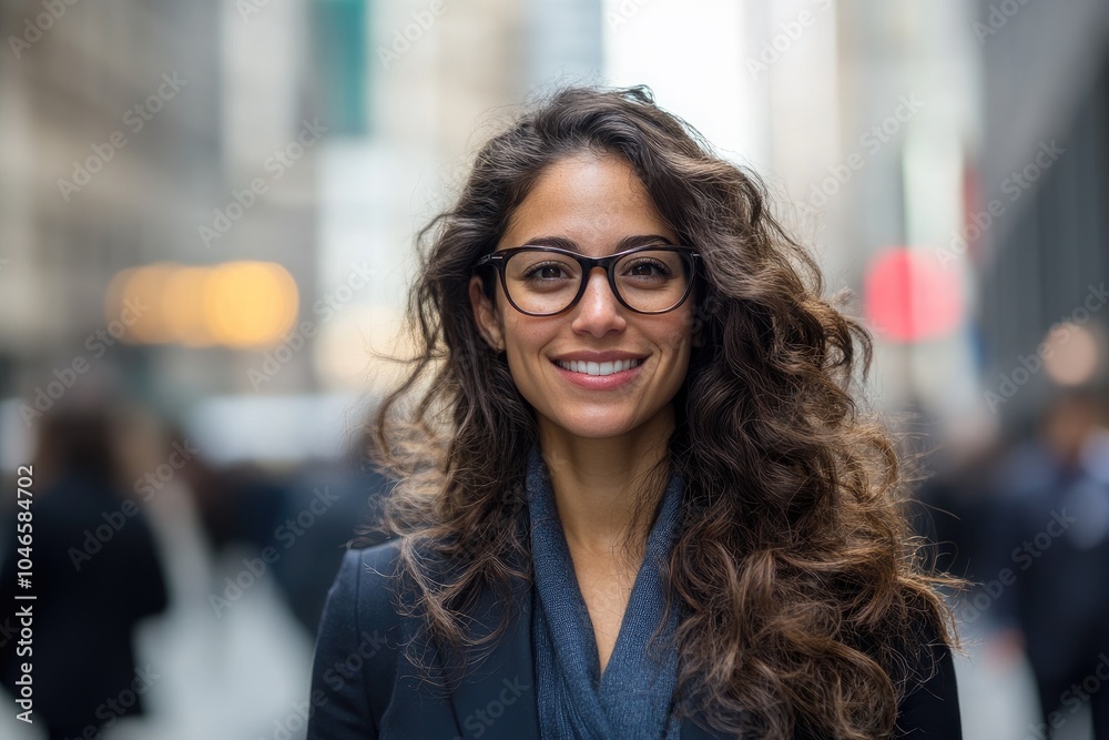 A portrait of an attractive businesswoman smiling while walking in the city, wearing glasses and a suit with a blurred background of office buildings and people