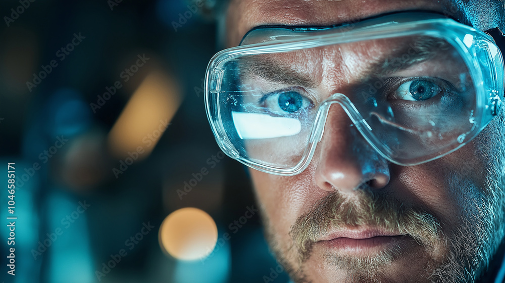 Mechanic’s Eyes Focused Through Safety Goggles in Low Light