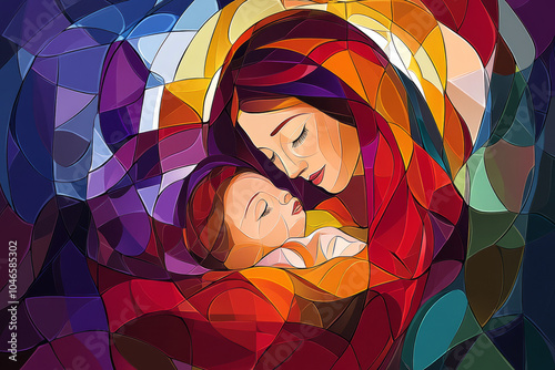 A vibrant, modern stained-glass illustration of the nativity scene, with Mary and baby Jesus in beautiful radiant colors with copy space, ideal for artistic religious Christmas card holiday background