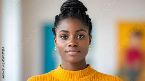 A confident young woman with braided hair, wearing a bright yellow sweater, gazes thoughtfully into the camera, showcasing her natural beauty. photo