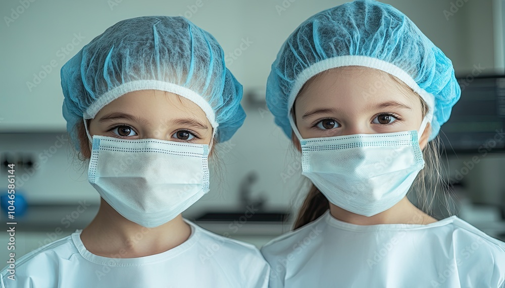 Close-up of young children in scrubs and masks, ready for an operating room background Close-up of young children in scrubs and masks, ready for an operating room background