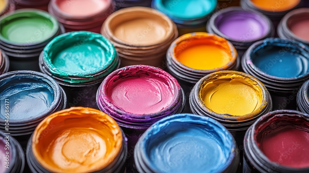 An array of colorful paint cups arranged creatively, showcasing the vibrancy and diversity of colors, representing artistic expression and creativity. An array of colorful paint cups arranged creatively, showcasing the vibrancy and diversity of colors, representing artistic expression and creativity.