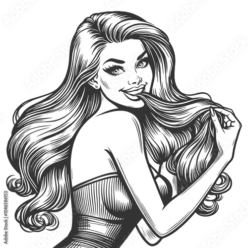 pin-up girl with long, wavy hair, striking a playful pose in a vintage, engraved style sketch engraving generative ai vector illustration. Scratch board imitation. Black and white image.