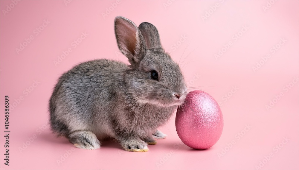 Obraz premium 灰色の赤ちゃんウサギとイースターエッグ（gray rabbit baby with painted egg） 