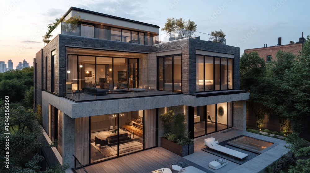 Fototapeta premium Contemporary urban townhouse with rooftop terrace.