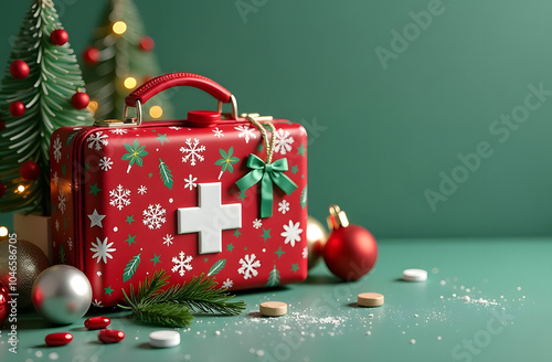 A Christmas-themed medical kit with red and green wrapping, copyspace 
